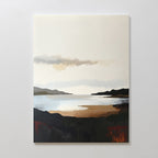 Nordic Waters Canvas Art - Vertical showcases a minimalist Nordic landscape with a tranquil lake, distant hills, and cloudy sky. Dark earthy tones in the front shift to lighter shades—ideal as calming wall art for any space.