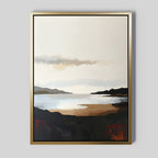 Nordic Waters Canvas Art - Vertical: This framed print showcases a serene lake and distant hills beneath a cloudy sky, with soft neutral tones and abstract brushstrokes—perfect calming wall art for any light gray background.