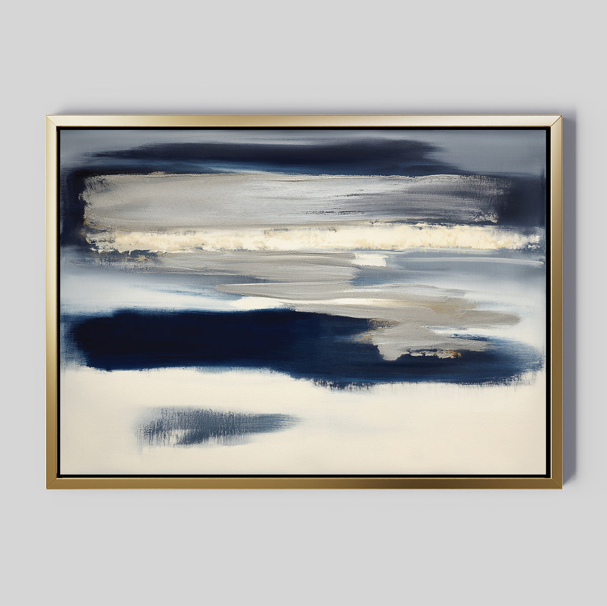 Northern Tides Canvas Art - Horizontal showcases broad, navy blue, white, and beige brushstrokes on a light gray background with a gold frame. This minimalist design brings serene Nordic landscape vibes to any space.