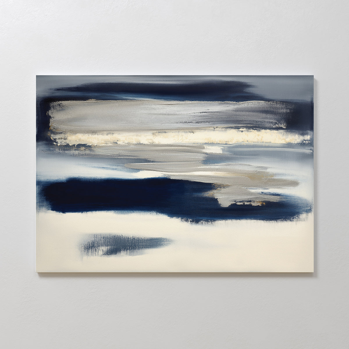 The Northern Tides Canvas Art - Horizontal features minimalist blue, gray, beige, and white brushstrokes, evoking a tranquil seascape or sky—perfect for adding Nordic Park-inspired calm to your space.