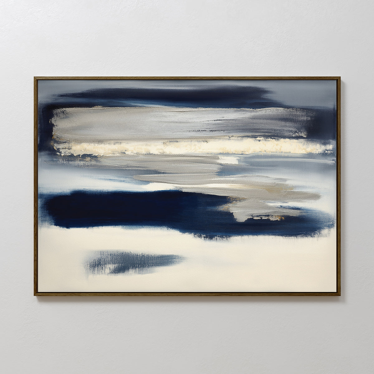 Northern Tides Canvas Art - Horizontal features broad horizontal strokes in navy, beige, gray, and white on a light background. A slim dark border frames the minimalist palette, adding calm and spaciousness to your decor.