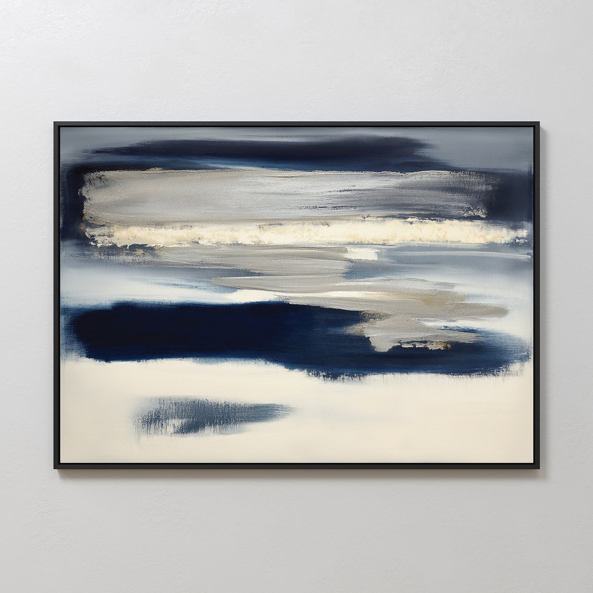 The Northern Tides Canvas Art – Horizontal features broad horizontal strokes in navy blue, beige, gray, and white on a light background with a black frame, evoking a serene, minimalist landscape.