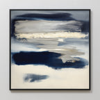 Northern Tides Canvas Art - Square features broad, horizontal strokes of indigo blue, beige, and white on a black-framed canvas. This minimalist print adds layered depth and striking contemporary style to any space.