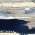 The Northern Tides Canvas Art - Square is a contemporary abstract print with textured brushstrokes in blue, white, and cream tones layered horizontally. "Zoomed In Detail" appears in the bottom left corner.