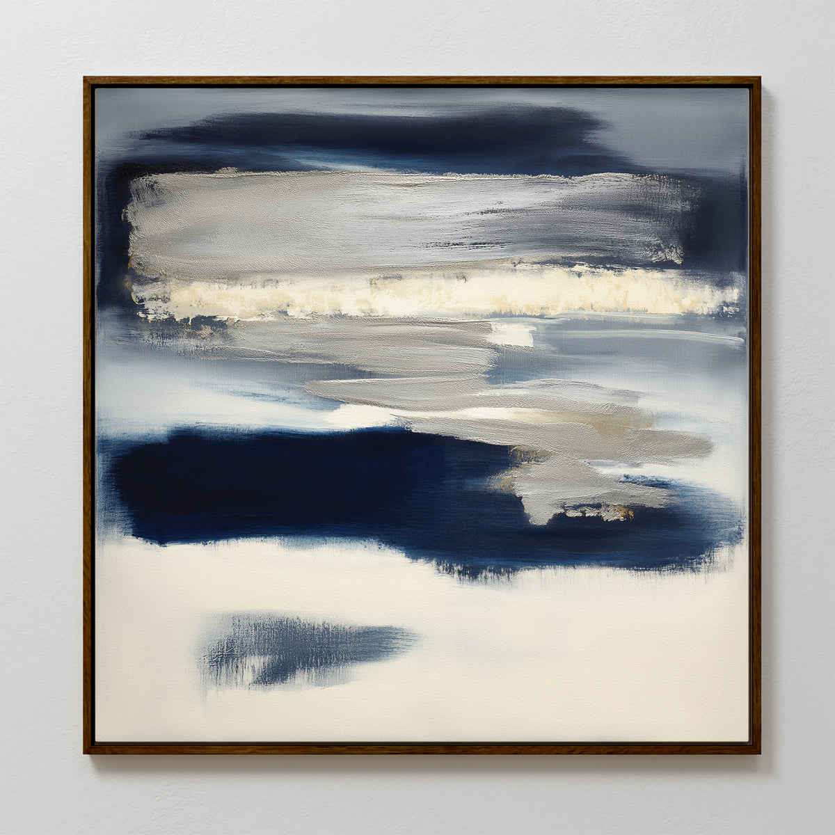 Northern Tides Canvas Art - Square features an abstract design with broad brushstrokes in deep blue, white, and gray, framed in dark wood. Its minimalist style evokes a serene seascape through soft, blended colors.