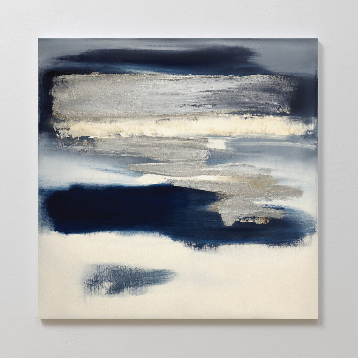 Northern Tides Canvas Art - Square features wide horizontal brushstrokes in navy blue, cream, and gray with soft, blurred edges. This minimalist abstract print adds a calm, modern touch to any space.