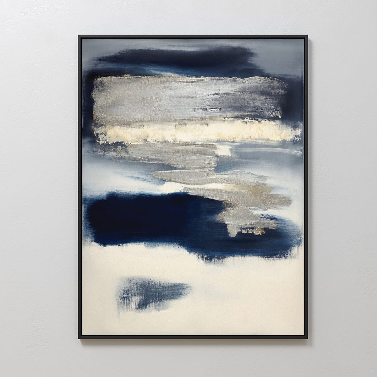 Northern Tides Canvas Art - Vertical features bold brushstrokes in navy, white, beige, and gray layered horizontally. Its minimalist palette and thin black frame create a modern accent for any space.