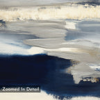 Northern Tides Canvas Art – Vertical features bold brushstrokes in blue, white, and gray. The minimalist palette adds depth and texture. "Zoomed In Detail" is written in the bottom left corner.