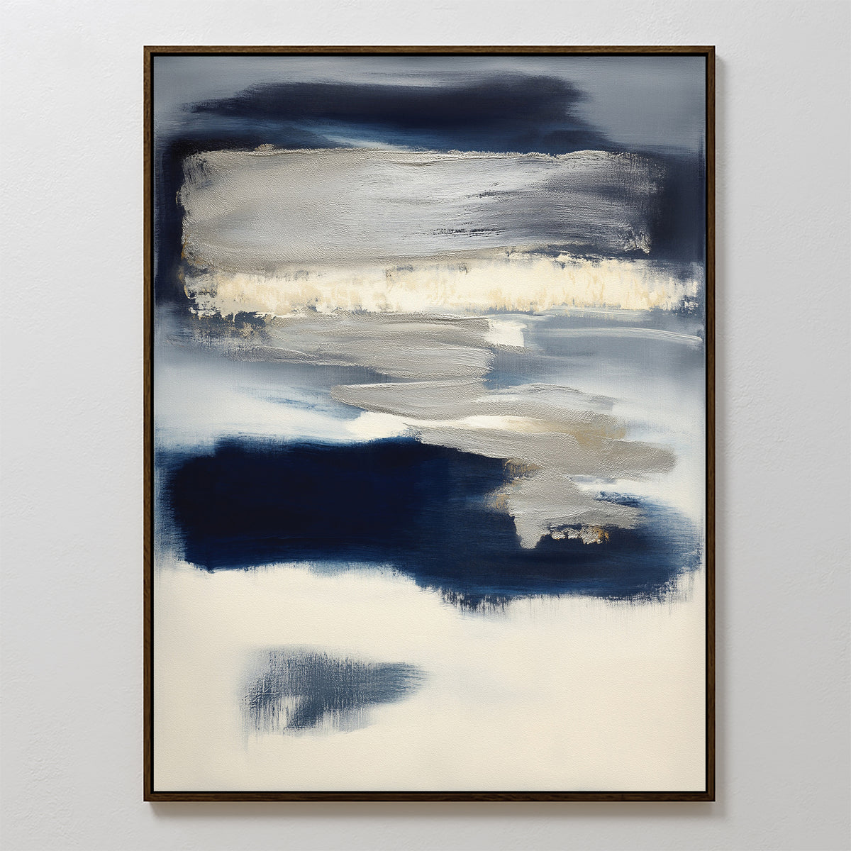 Northern Tides Canvas Art - Vertical features abstract, cloud-like forms in blue, white, gray, and cream. This elegant framed piece brings a serene and calming Nordic style to any space.
