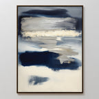 Northern Tides Canvas Art - Vertical features abstract, cloud-like forms in blue, white, gray, and cream. This elegant framed piece brings a serene and calming Nordic style to any space.