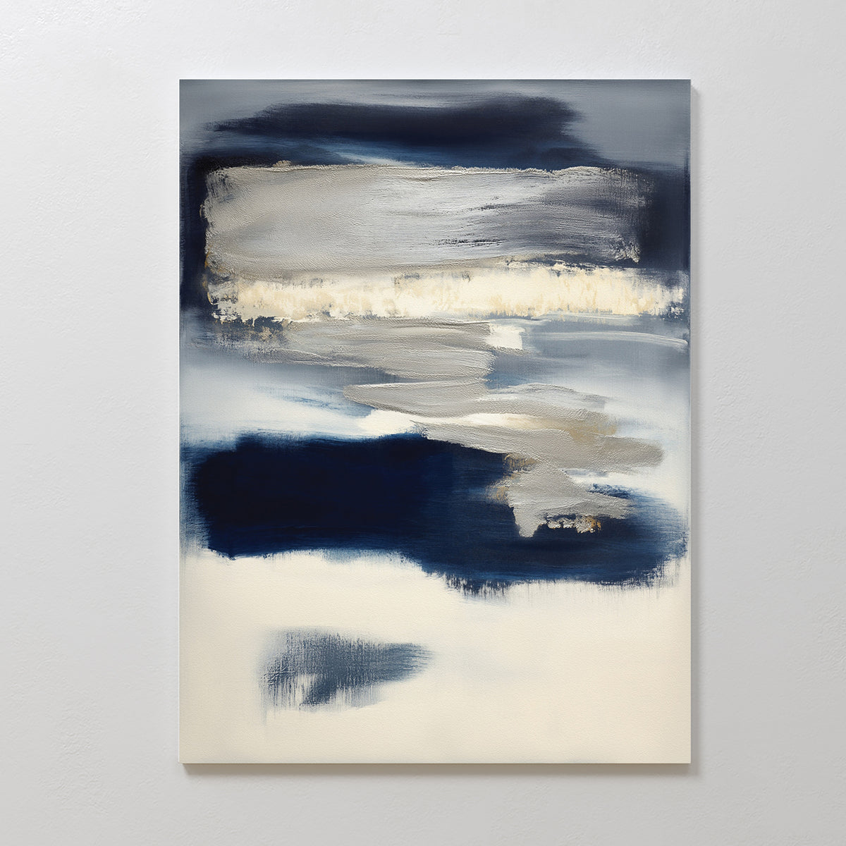 Northern Tides Canvas Art - Vertical features bold horizontal navy, white, gray, and beige strokes on a light background. Its minimalist palette and soft composition evoke a serene, Nordic-inspired atmosphere.