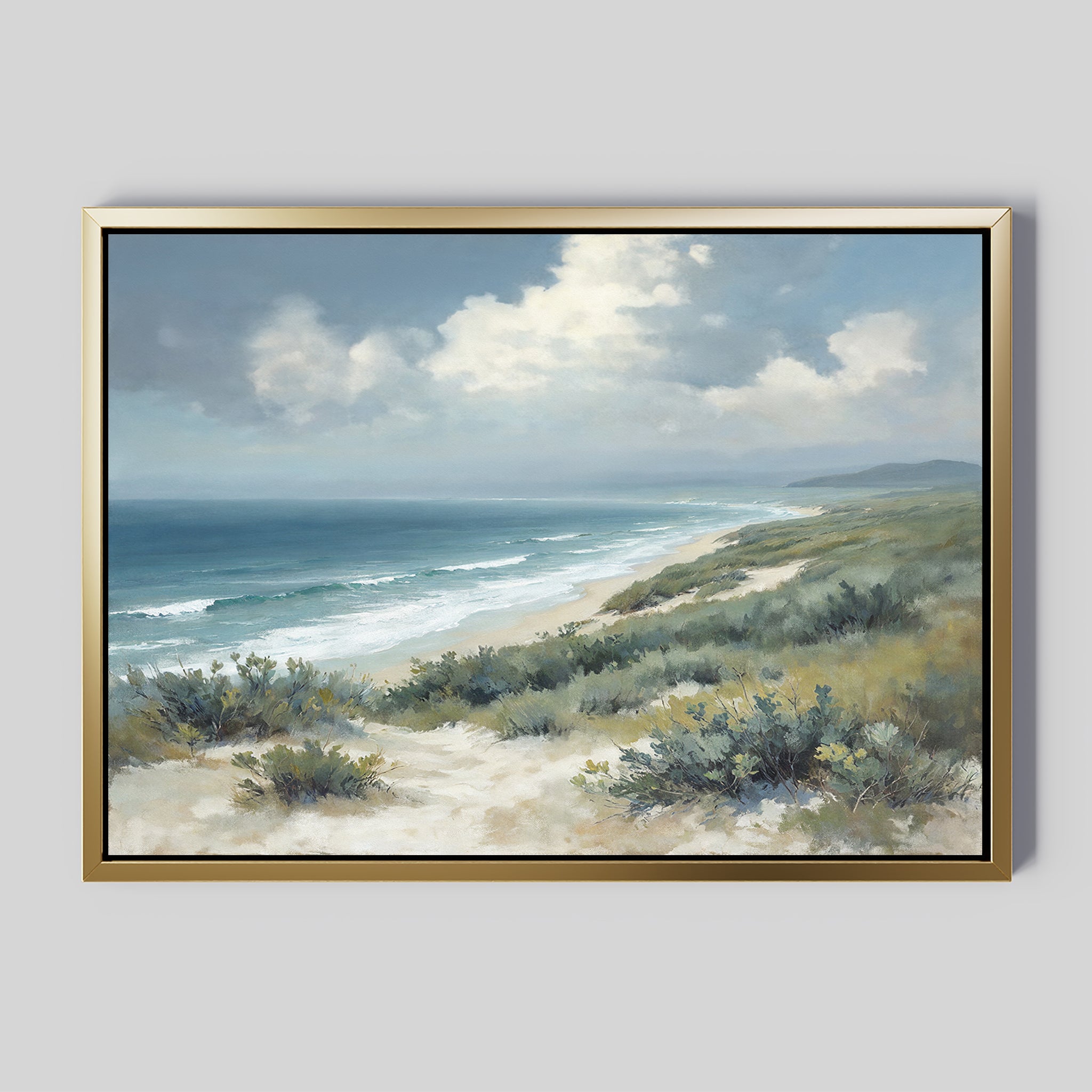 Ocean Bluff Canvas Art - Horizontal: A framed canvas print depicting sandy dunes, green shrubs, and rolling waves beneath a partly cloudy blue sky.