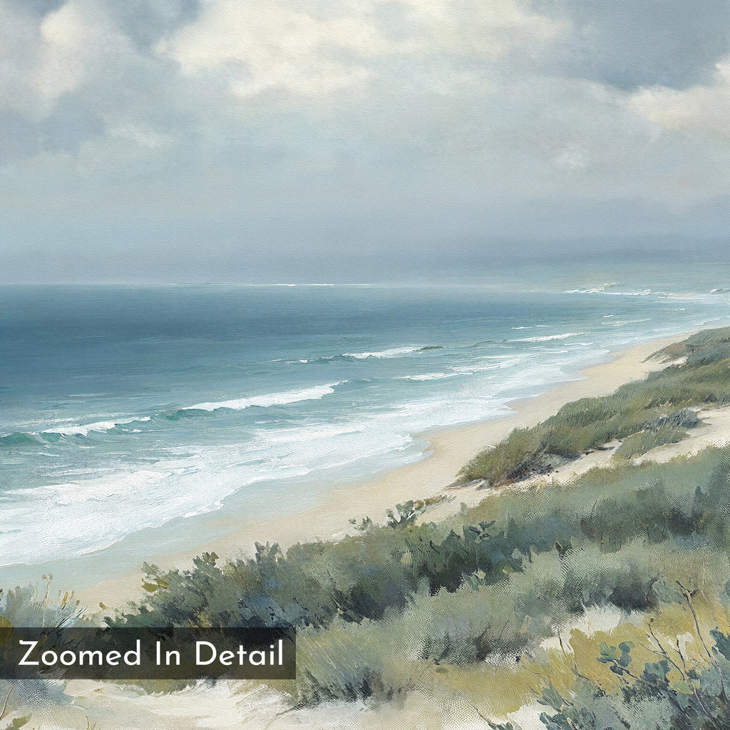 Ocean Bluff Canvas Art - Horizontal features a serene seaside scene with sandy beach, rolling waves, green dunes, and a cloudy sky. "Zoomed In Detail" appears in the lower left corner for added emphasis.