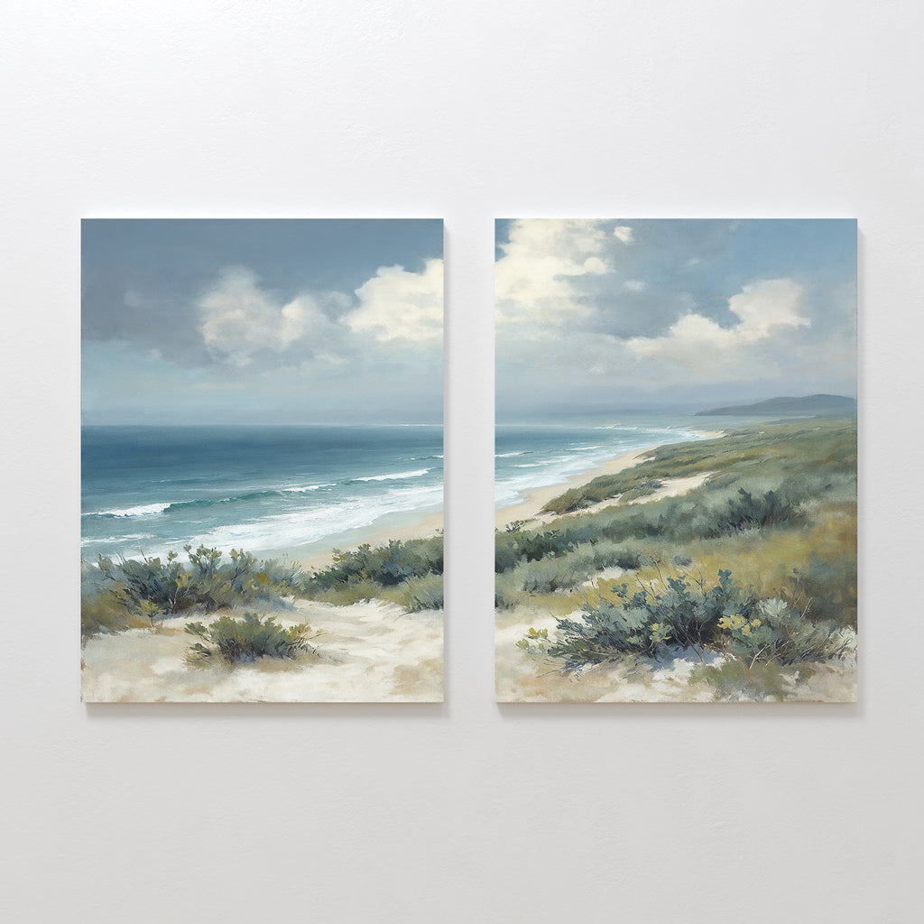 Ocean Bluff - Set of 2 features two paintings side by side, showcasing a sandy beach with greenery, rolling waves, and a partly cloudy sky to capture the tranquil beauty of a coastal scene.