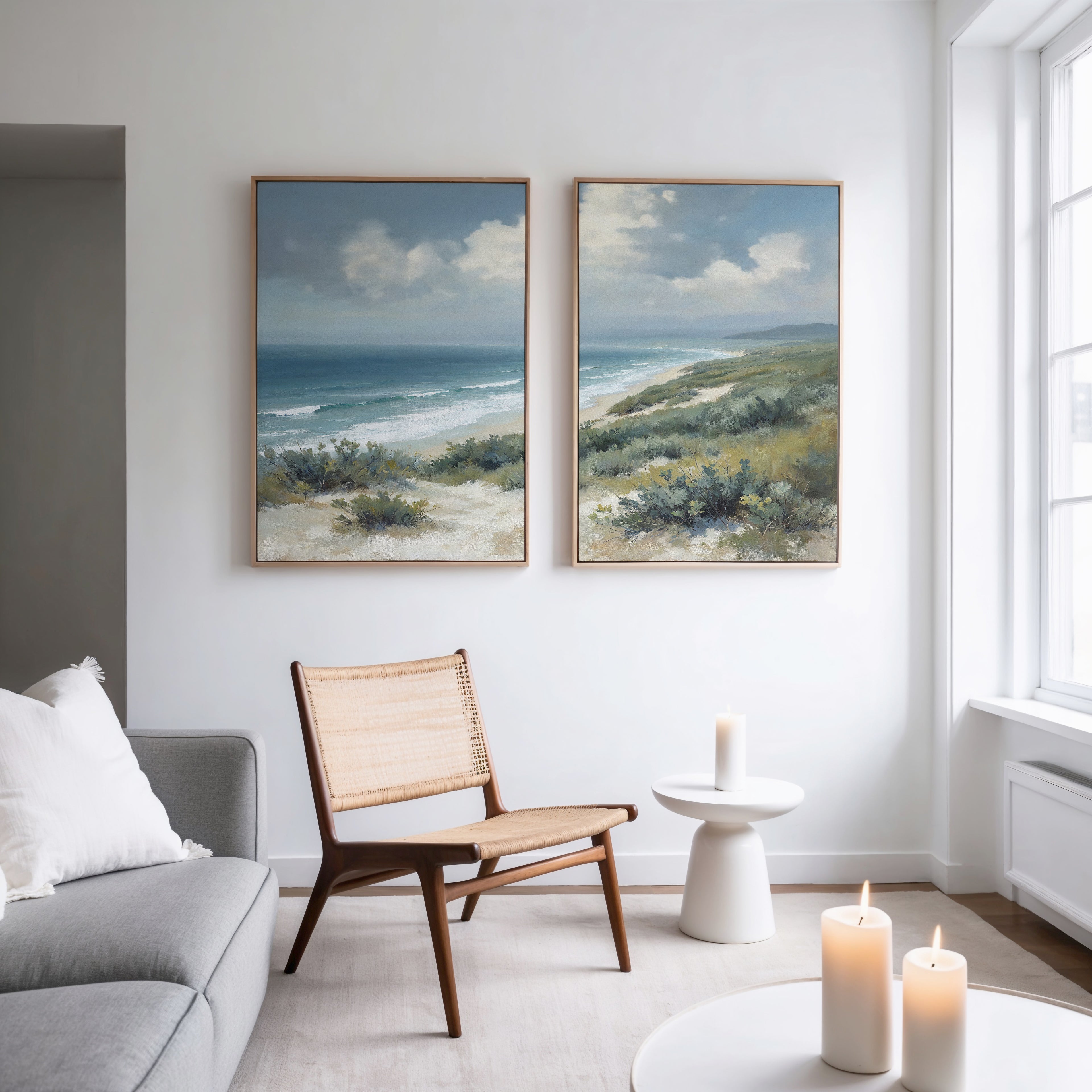 A modern living room features a light gray sofa, wooden chair, and small round table with lit candles. The white wall displays the Ocean Bluff - Set of 2 coastal canvas prints, with more candles on the foreground table.