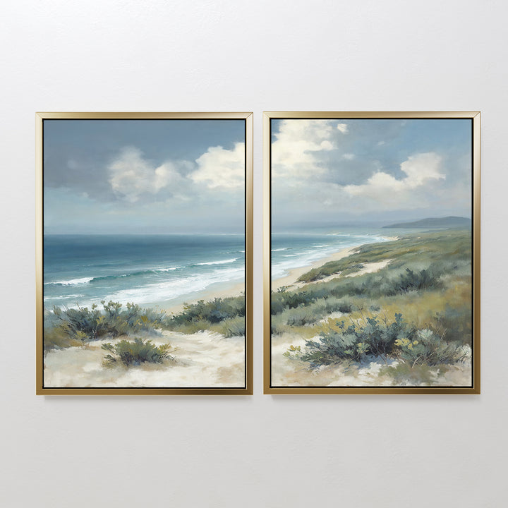 The "Ocean Bluff - Set of 2" features framed seaside artwork showing a coastal scene with blue sky, clouds, waves, sandy dunes, and lush greenery, displayed side by side on a white wall.