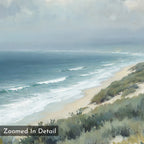 The Ocean Bluff Canvas Art - Square features a detailed coastal scene of gentle waves, sandy shore, and green dunes beneath a cloudy sky, with “Zoomed In Detail” text in the lower left corner.