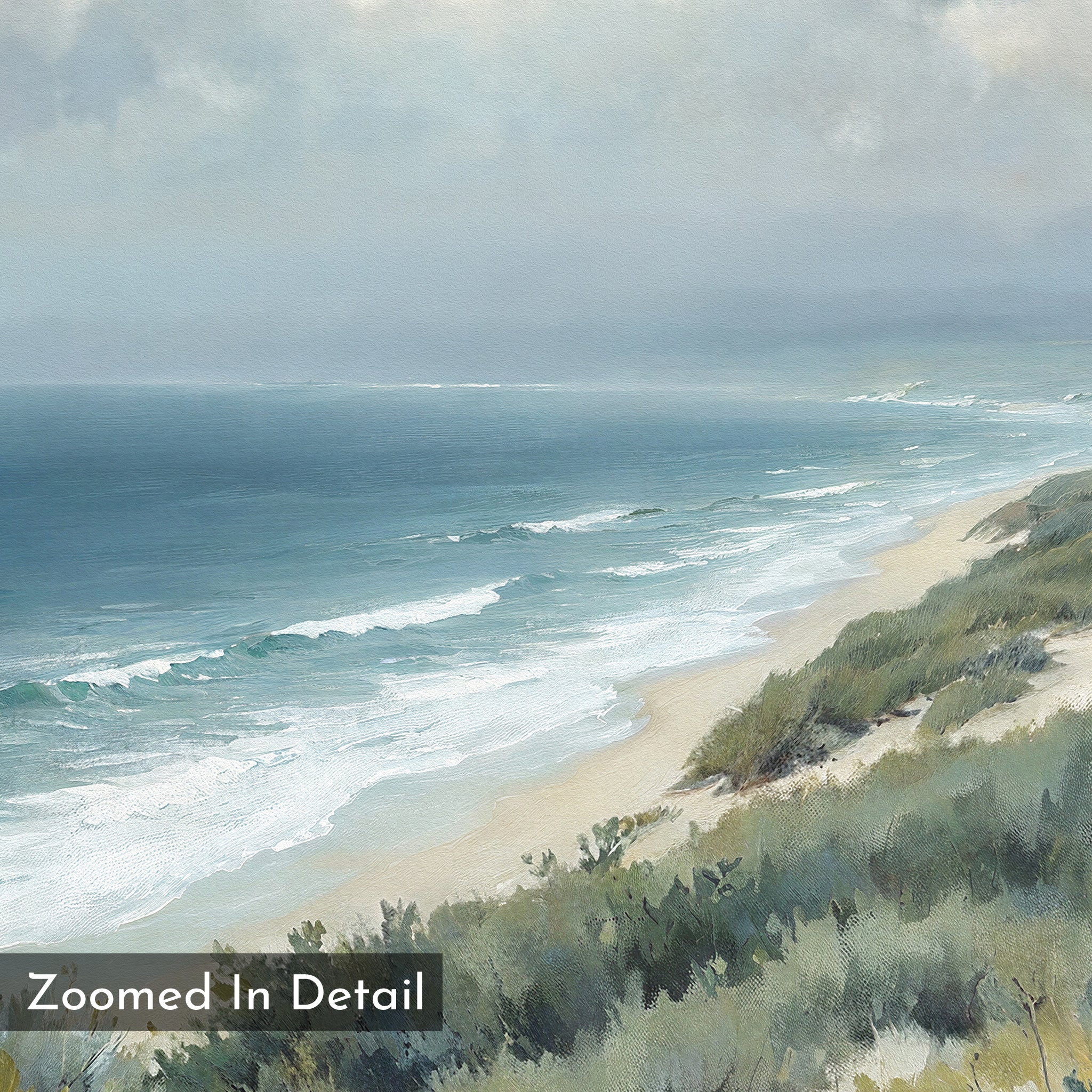 The Ocean Bluff Canvas Art - Square features a detailed coastal scene of gentle waves, sandy shore, and green dunes beneath a cloudy sky, with “Zoomed In Detail” text in the lower left corner.