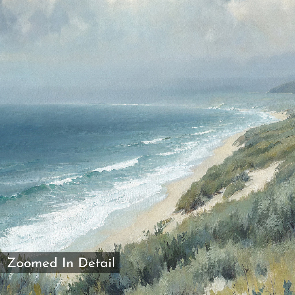 Ocean Bluff Canvas Art - Vertical features waves crashing onto a sandy beach lined with green shrubs under a cloudy sky. The phrase "Zoomed In Detail" appears in the lower left—a serene coastal scene for any space.