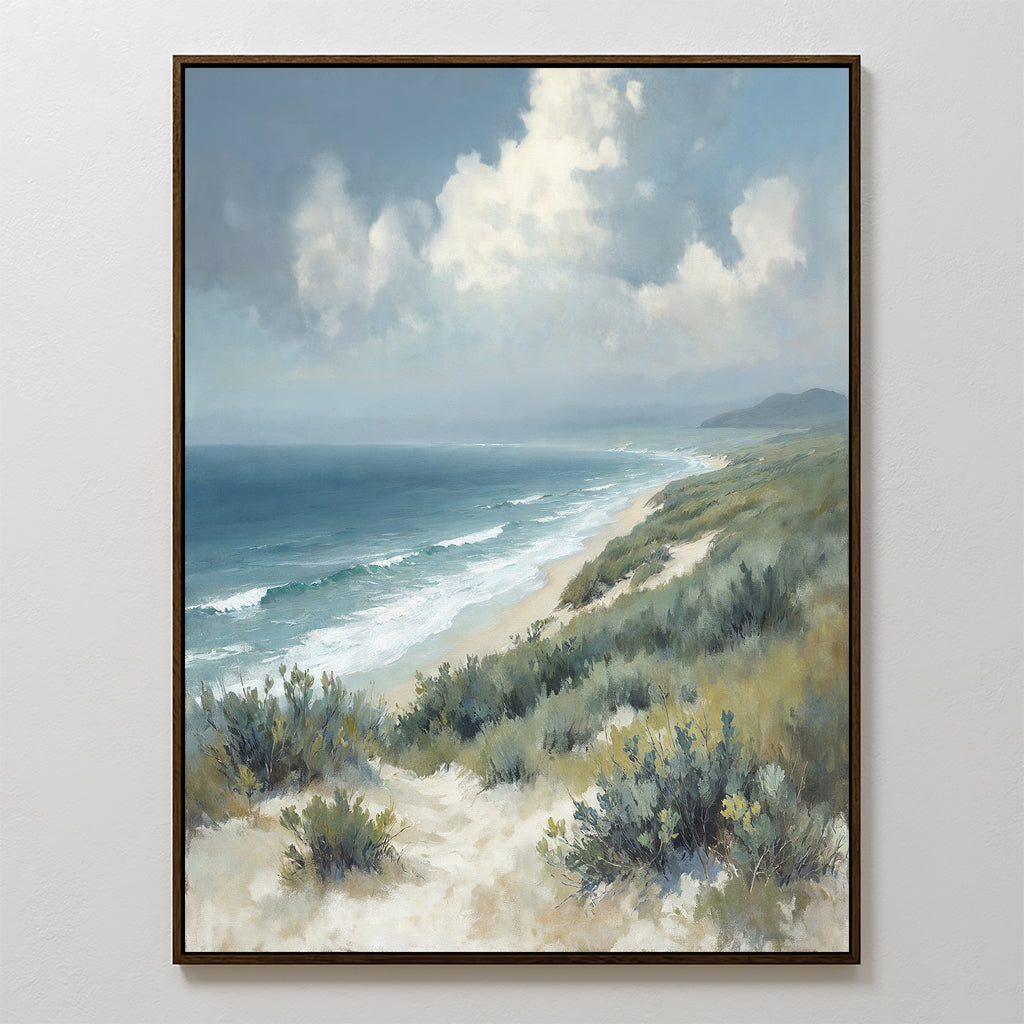 The Ocean Bluff Canvas Art - Vertical features serene sandy dunes, green shrubs, rolling waves, and a blue sky with clouds—ideal coastal artwork to bring seaside tranquility to any space.