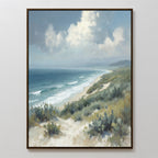 The Ocean Bluff Canvas Art - Vertical features serene sandy dunes, green shrubs, rolling waves, and a blue sky with clouds—ideal coastal artwork to bring seaside tranquility to any space.
