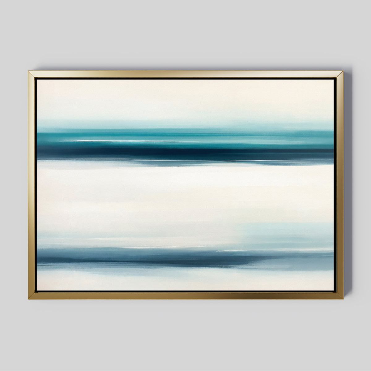 Ocean Motion Canvas Art - Horizontal features abstract blue, teal, and white streaks for a serene coastal vibe. Displayed in a slim gold frame against a light gray wall, it adds minimalist sophistication to any space.