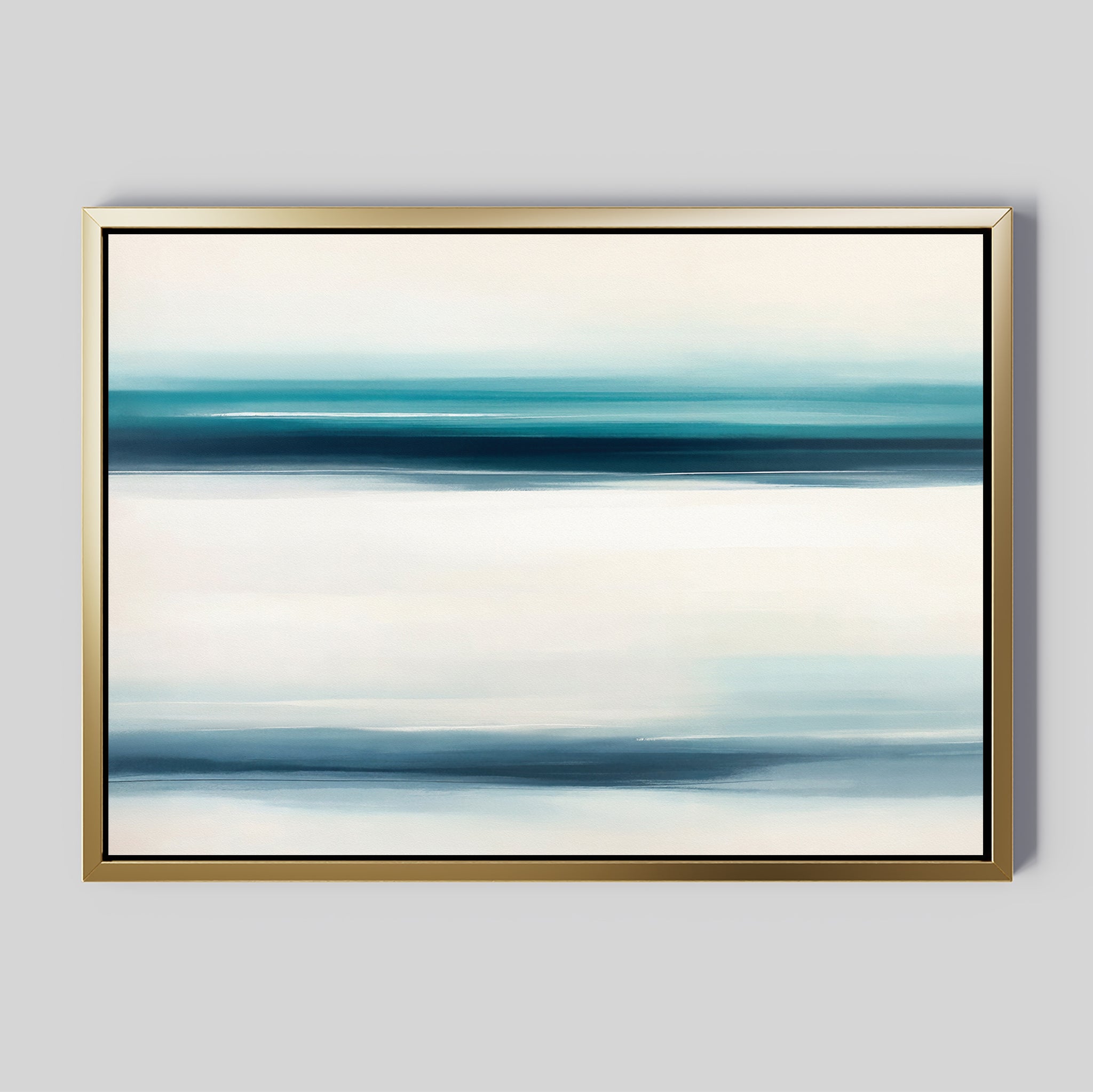 Ocean Motion Canvas Art - Horizontal features abstract blue, teal, and white streaks for a serene coastal vibe. Displayed in a slim gold frame against a light gray wall, it adds minimalist sophistication to any space.
