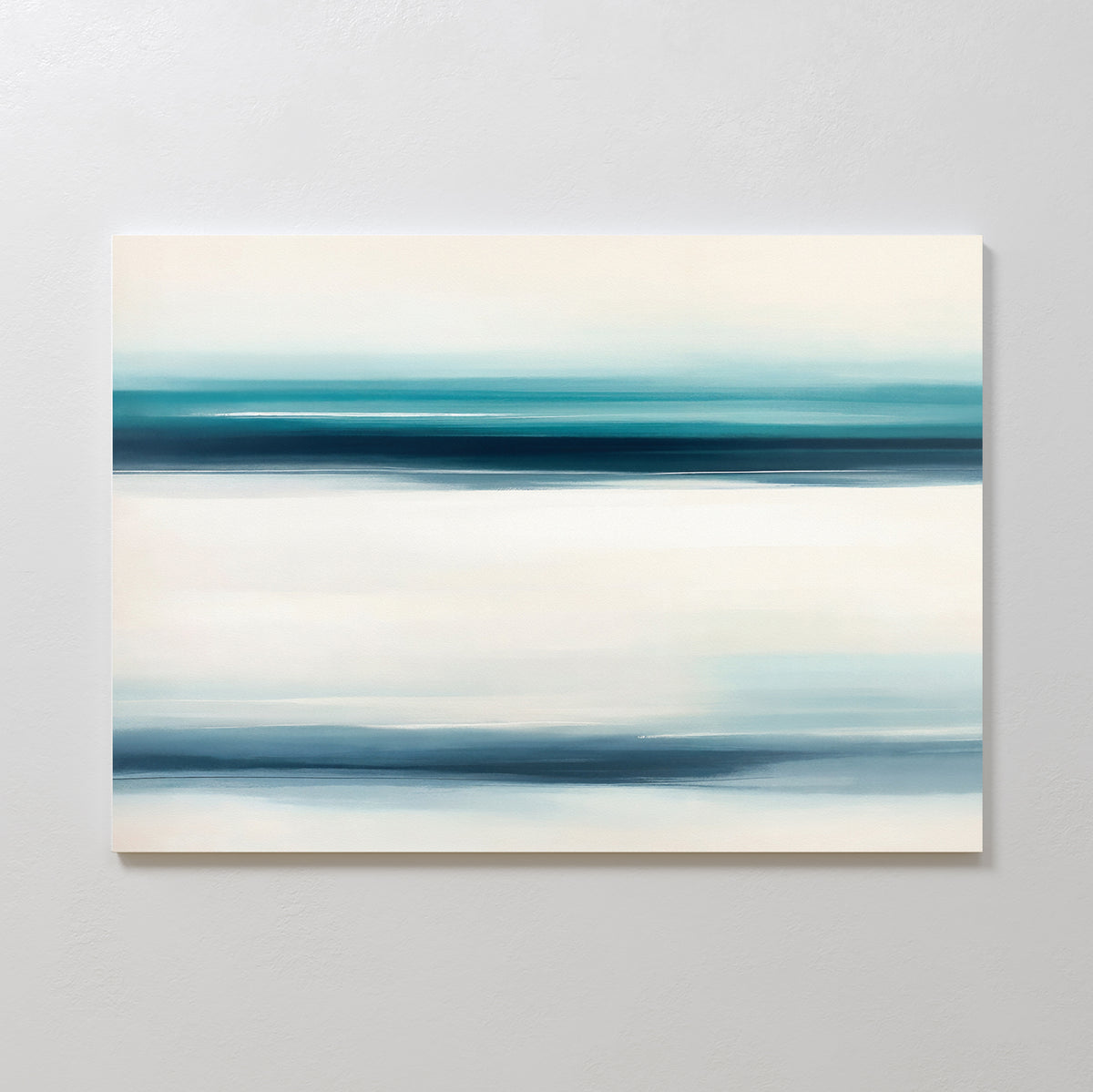 Ocean Motion Canvas Art - Horizontal features abstract bands of blue, teal, and white for a calm, serene look reminiscent of a seascape. Displayed on a light wall, it enhances any space with sophisticated coastal style.