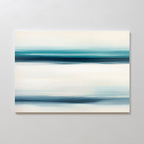 Ocean Motion Canvas Art - Horizontal features abstract bands of blue, teal, and white for a calm, serene look reminiscent of a seascape. Displayed on a light wall, it enhances any space with sophisticated coastal style.