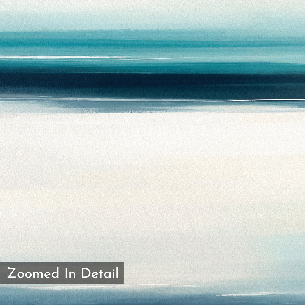 Ocean Motion Canvas Art - Horizontal features softly blended horizontal bands of blue, teal, and white, creating a calming coastal vibe. Reminiscent of a blurred ocean or sky, it includes a "Zoomed In Detail" label in the bottom left corner.