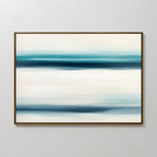 Ocean Motion Canvas Art - Horizontal features softly blended blue, teal, and white bands for a serene coastal feel. Framed with a slim dark border, this abstract piece evokes the tranquility of water or sky.