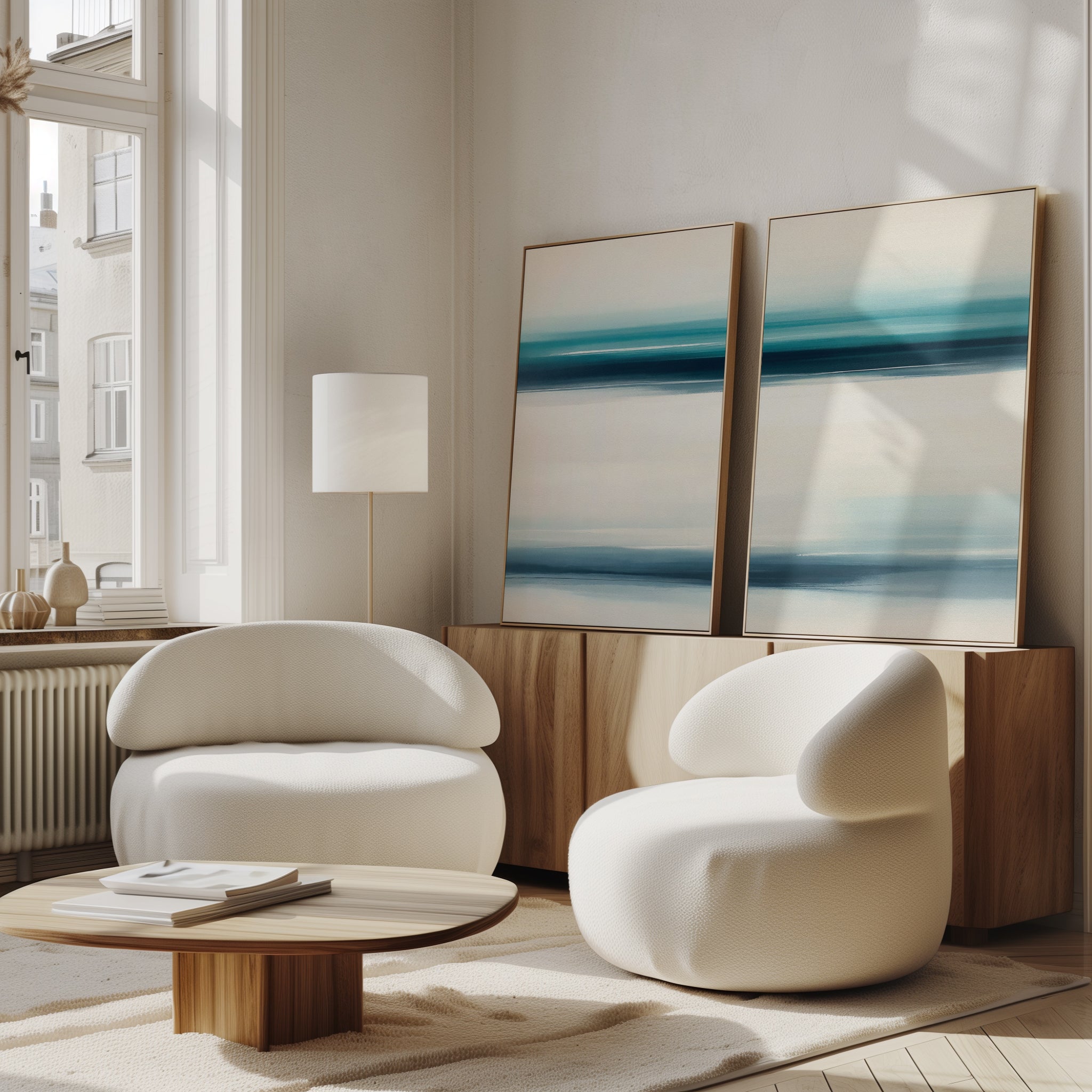 A modern living room with two white rounded armchairs, a low wooden coffee table, and a sideboard. The Ocean Motion - Set Of 2 abstract blue and white paintings add serene sophistication, while large windows bring in natural light.