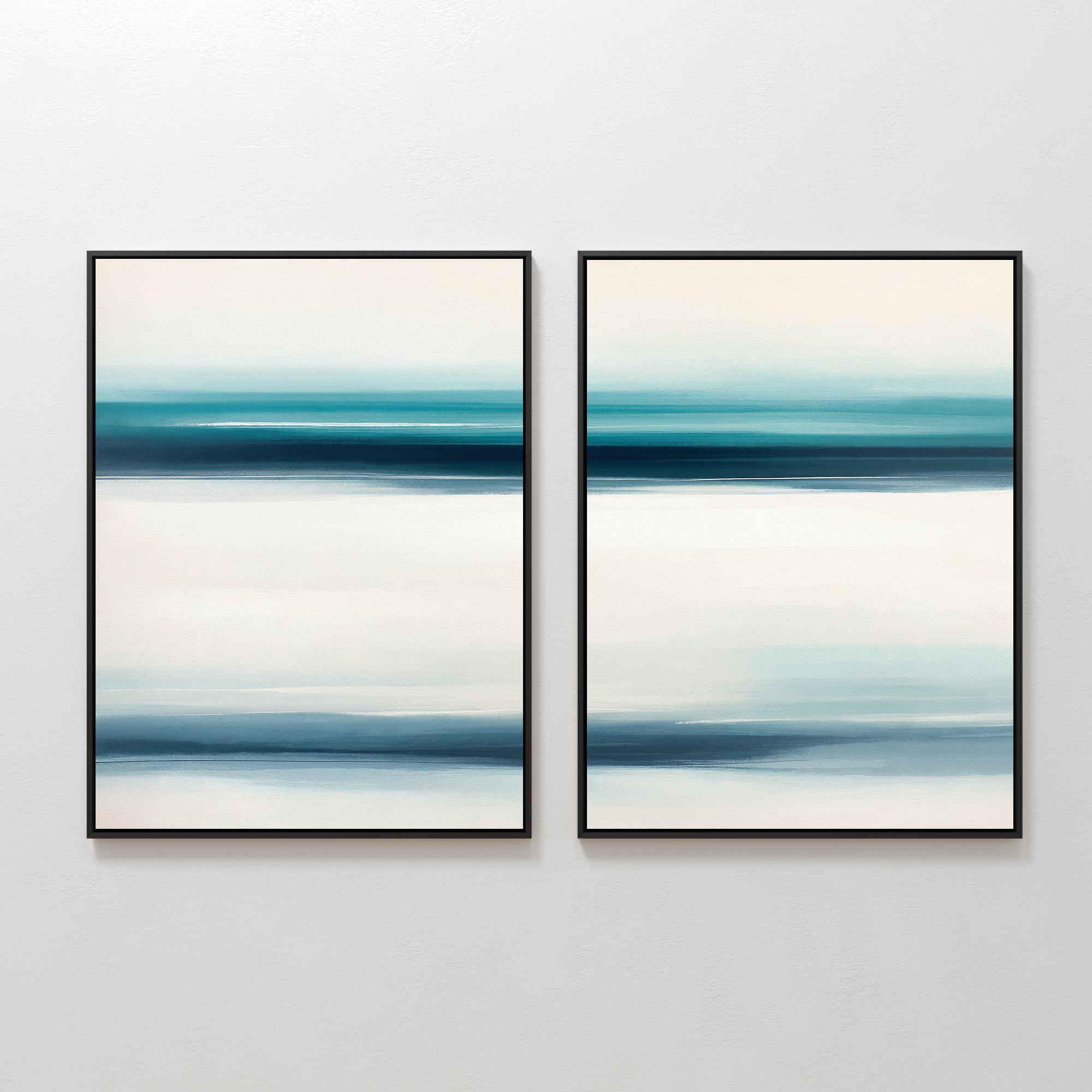 Ocean Motion - Set Of 2 features framed abstract prints with blended blue, teal, and white bands, displayed side by side on a white wall. Their serene colors add sophisticated coastal style to any space.