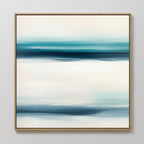 The Ocean Motion Canvas Art - Square showcases a minimalist abstract design with soft blue, teal, and white bands, framed in thin gold for a serene and sophisticated touch on any light-colored wall.