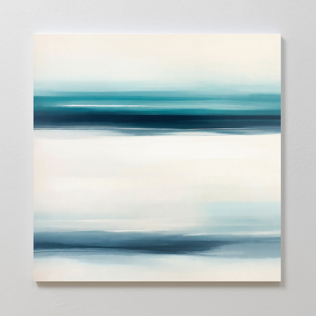 Ocean Motion Canvas Art - Square: Abstract painting with horizontal streaks of blue, teal, and white softly blended, creating a serene, minimalist landscape effect on a square canvas that complements any light wall.