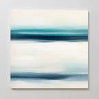 Ocean Motion Canvas Art - Square: Abstract painting with horizontal streaks of blue, teal, and white softly blended, creating a serene, minimalist landscape effect on a square canvas that complements any light wall.