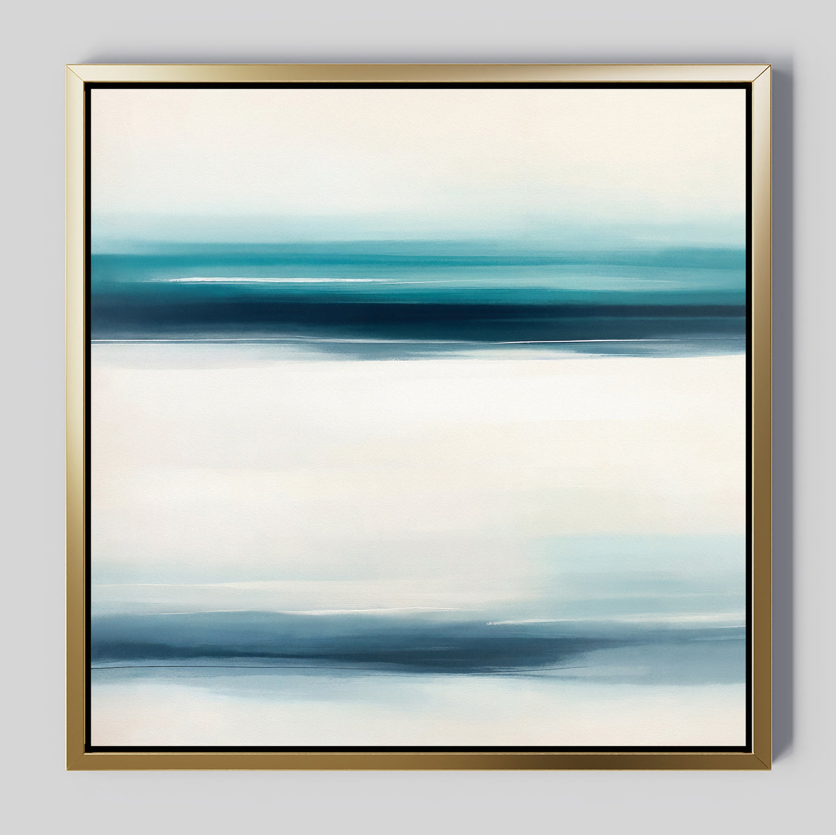 The Ocean Motion Canvas Art - Square features abstract horizontal streaks of blue, teal, and white for a calming coastal vibe. Presented in a simple gold frame against a light gray background.