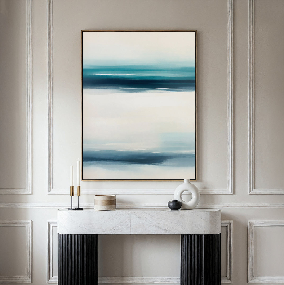 The Ocean Motion Canvas Art - Vertical features blue and white abstract strokes, bringing serene sophistication to a beige wall above a white console table—ideal for coastal decor.