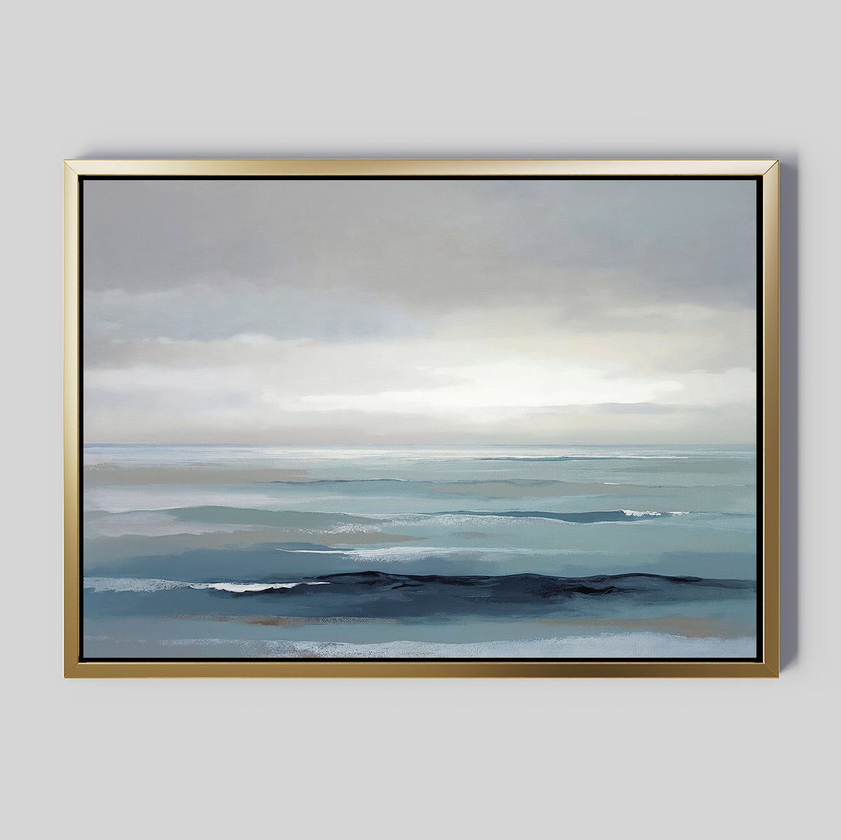 The Ocean Swells Canvas Art - Horizontal features a tranquil seascape in muted blue and gray tones, with soft waves and a cloudy sky, creating serene wall art that adds a peaceful ambiance to any room.
