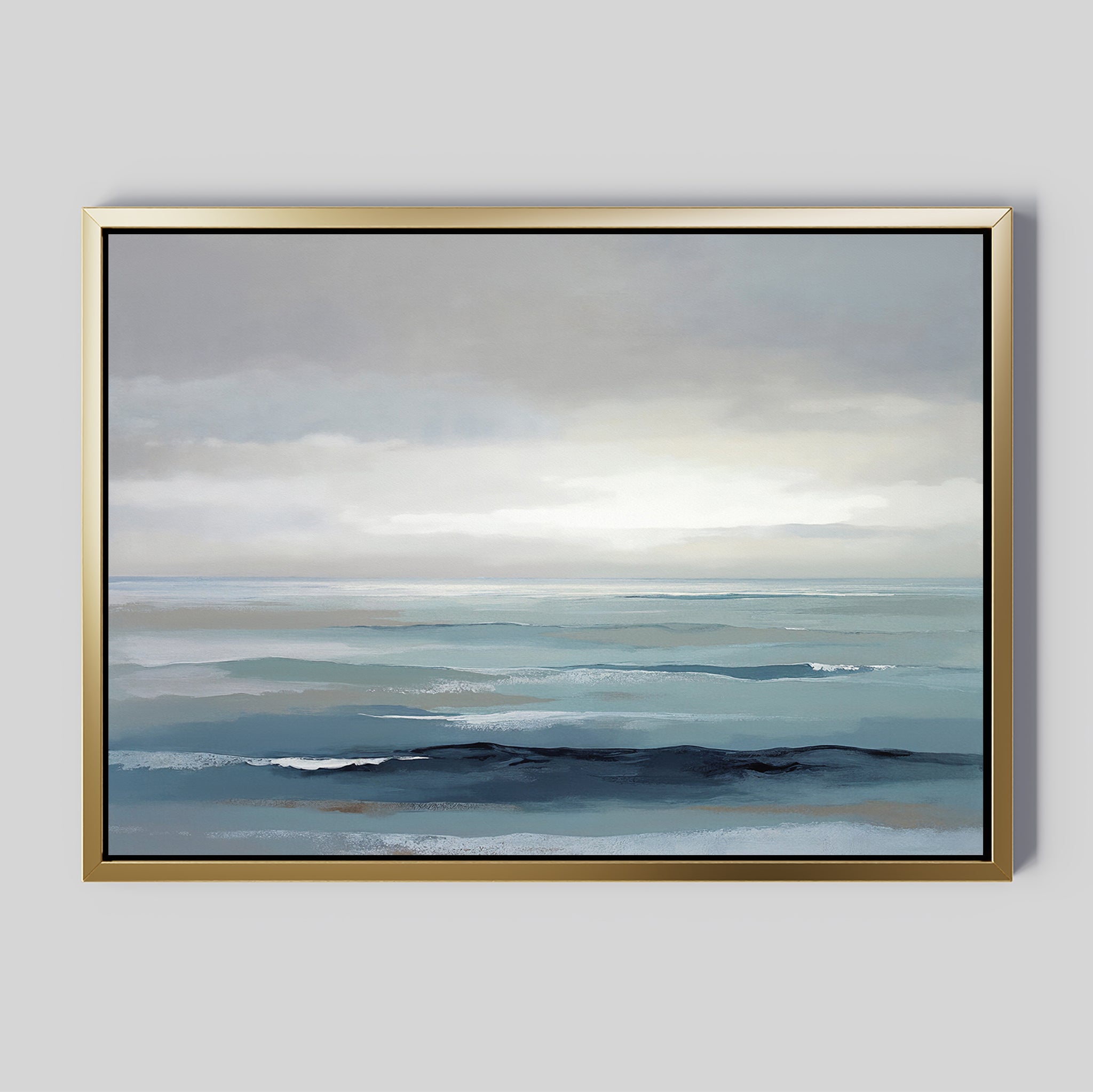 The Ocean Swells Canvas Art - Horizontal features a tranquil seascape in muted blue and gray tones, with soft waves and a cloudy sky, creating serene wall art that adds a peaceful ambiance to any room.