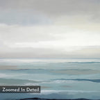 Ocean Swells Canvas Art - Horizontal features soft blue and gray tones in abstract ocean waves beneath a cloudy sky. Ideal as coastal print decor, it includes the text "Zoomed In Detail" in the lower left corner.