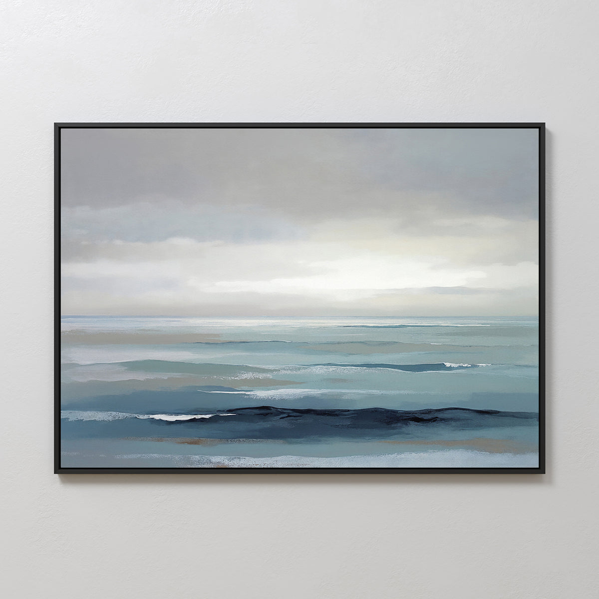 Bring tranquility to your light-colored wall with the Ocean Swells Canvas Art - Horizontal, featuring a calm ocean scene in soft blue and gray tones with gentle waves and a cloudy sky for serene coastal décor.