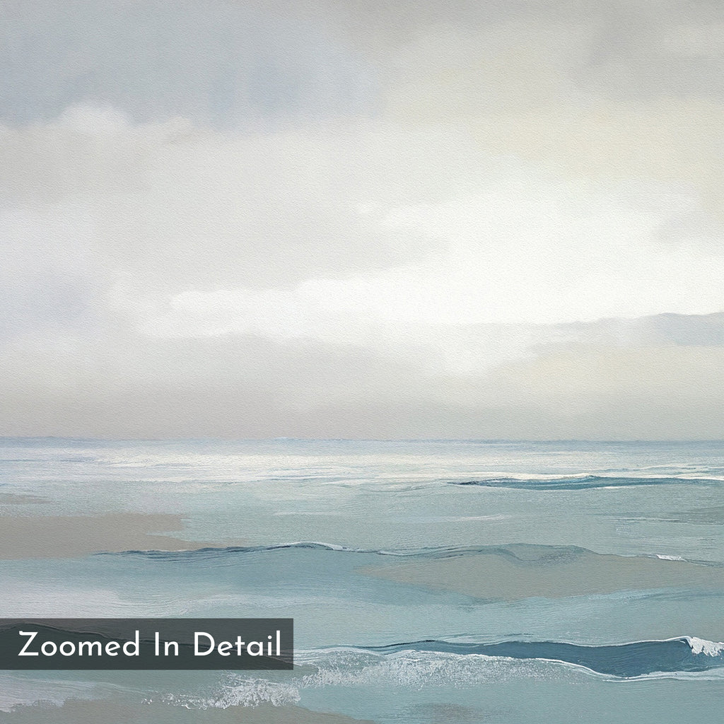 The Ocean Swells Canvas Art - Vertical features soft, muted blues, grays, and whites in gentle ocean waves beneath a cloudy sky—ideal for serene wall decor. Bottom left corner includes the text: Zoomed In Detail.