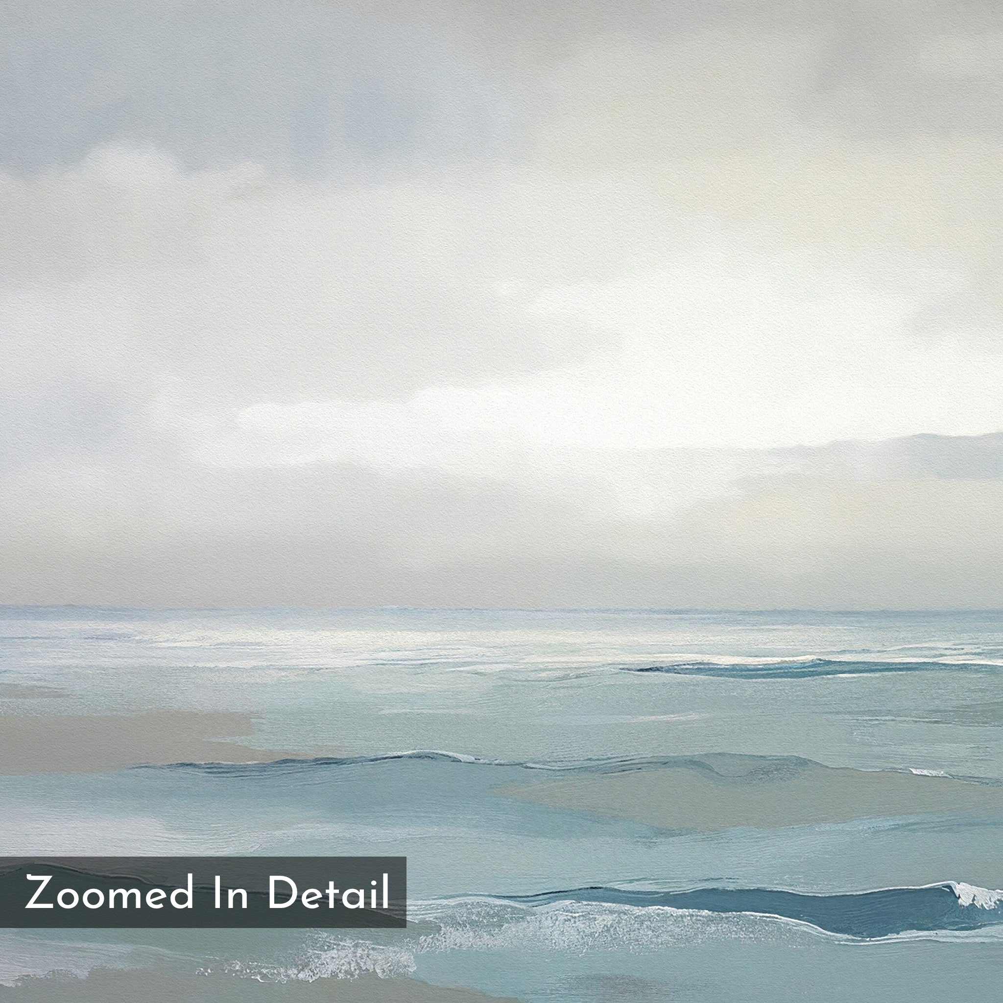The Ocean Swells Canvas Art - Vertical features soft, muted blues, grays, and whites in gentle ocean waves beneath a cloudy sky—ideal for serene wall decor. Bottom left corner includes the text: Zoomed In Detail.