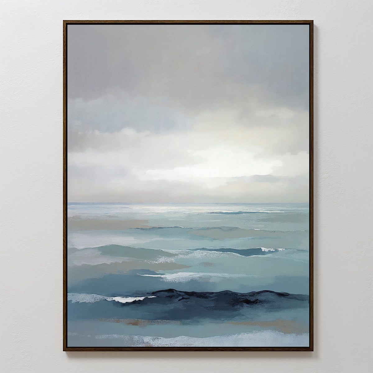 The Ocean Swells Canvas Art - Vertical features a serene seascape with calm blue-green waves and a cloudy sky in soft blue, gray, and white tones, creating abstract minimalist wall art perfect for adding tranquility to any space.