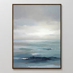 The Ocean Swells Canvas Art - Vertical features a serene seascape with calm blue-green waves and a cloudy sky in soft blue, gray, and white tones, creating abstract minimalist wall art perfect for adding tranquility to any space.