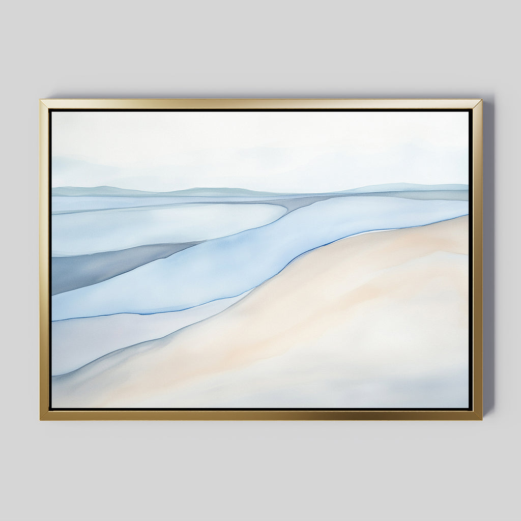 Pale Currents Canvas Art - Horizontal features soft, flowing lines in pastel blue, beige, and white that evoke a serene shoreline. Framed in thin gold on grey, this piece adds Nordic Park-inspired tranquility to any space.
