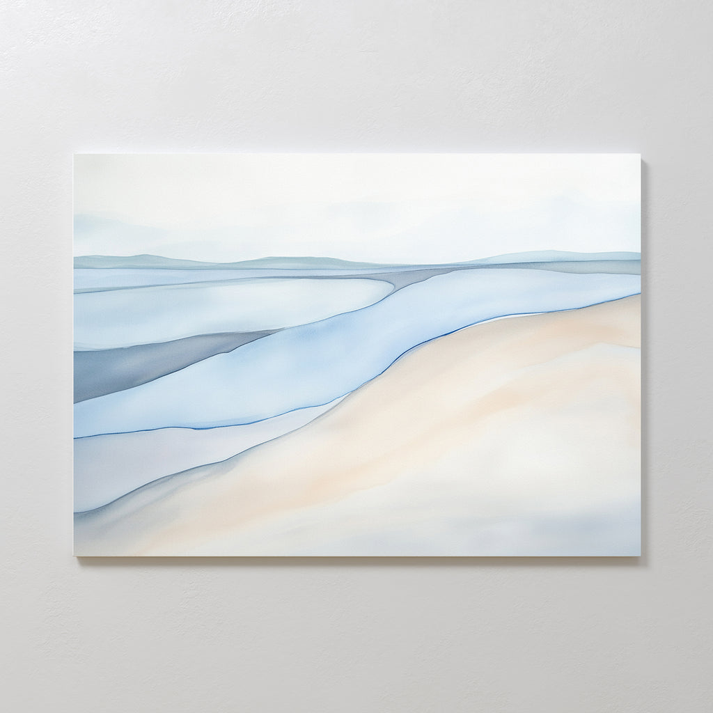 The Pale Currents Canvas Art - Horizontal features soft blue, beige, and white tones that evoke a serene Nordic park landscape, making it a calming addition to any light-colored wall.