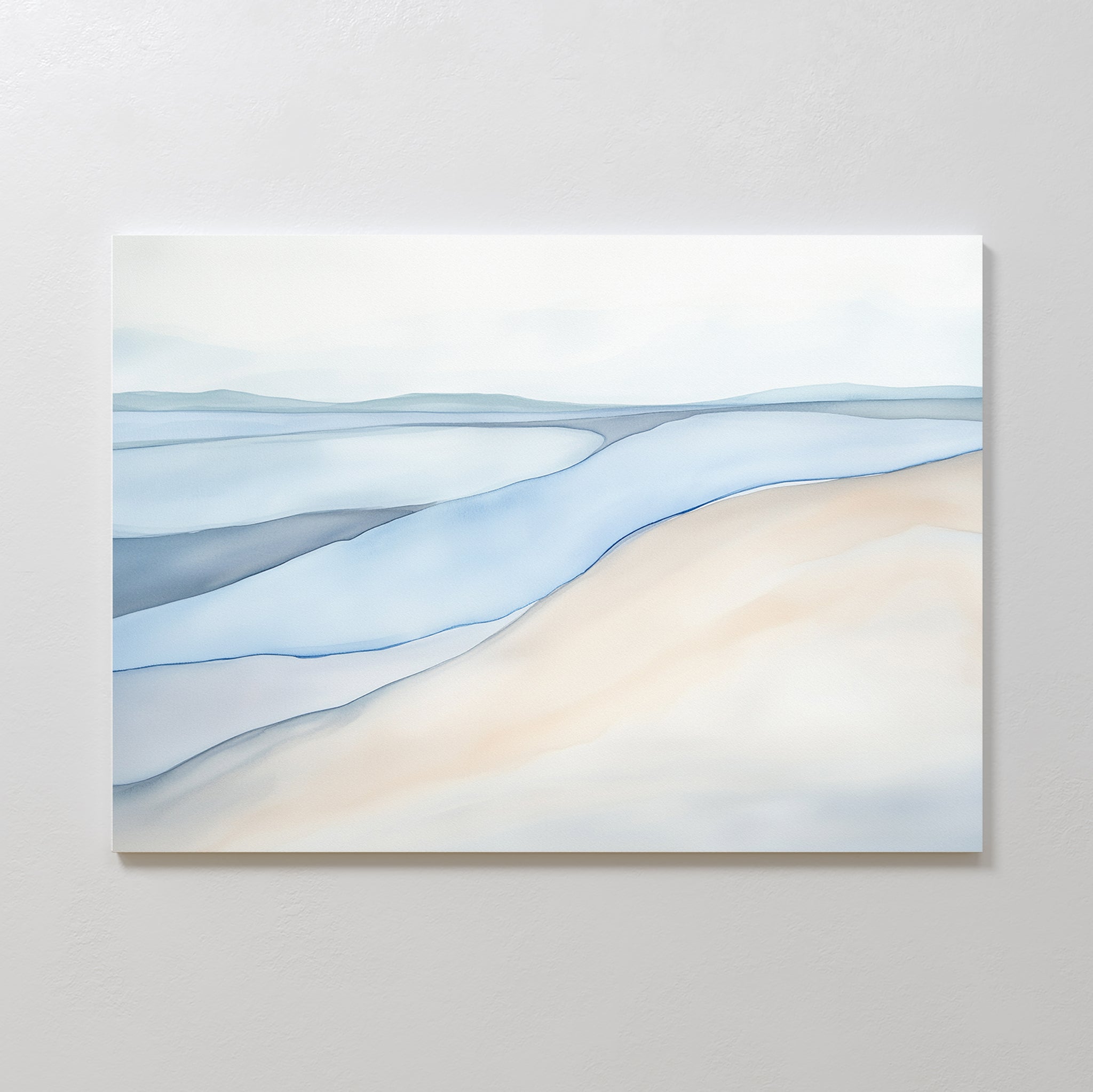 The Pale Currents Canvas Art - Horizontal features soft blue, beige, and white tones that evoke a serene Nordic park landscape, making it a calming addition to any light-colored wall.