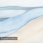Pale Currents Canvas Art - Horizontal features soft blue, grey, and beige watercolor waves blending together in an abstract seashore design. Calming and serene, this canvas print includes “Zoomed In Detail” text in the lower-left corner.